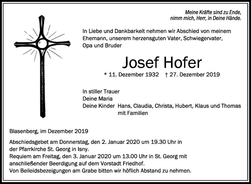  Traueranzeige für Josef Hofer vom 31.12.2019 aus Schwäbische Zeitung