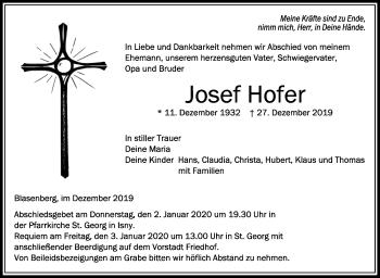 Anzeige von Josef Hofer von Schwäbische Zeitung