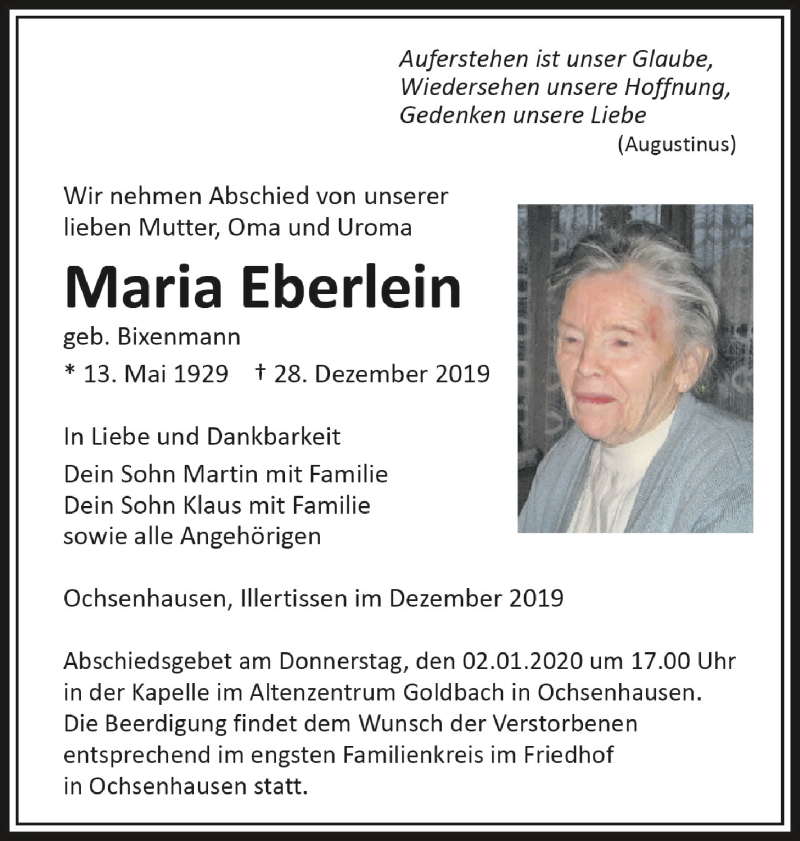  Traueranzeige für Maria Eberlein vom 31.12.2019 aus Schwäbische Zeitung