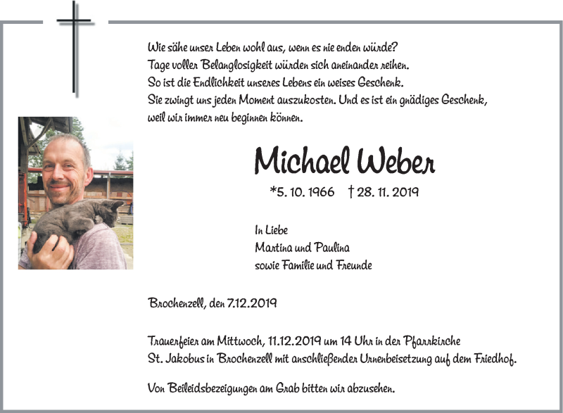 Traueranzeige für Michael Weber vom 07.12.2019 aus Schwäbische Zeitung