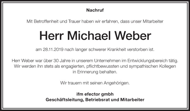  Traueranzeige für Michael Weber vom 11.12.2019 aus Schwäbische Zeitung