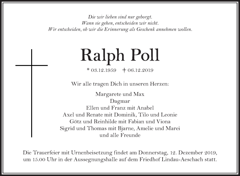  Traueranzeige für Ralph Poll vom 10.12.2019 aus Schwäbische Zeitung
