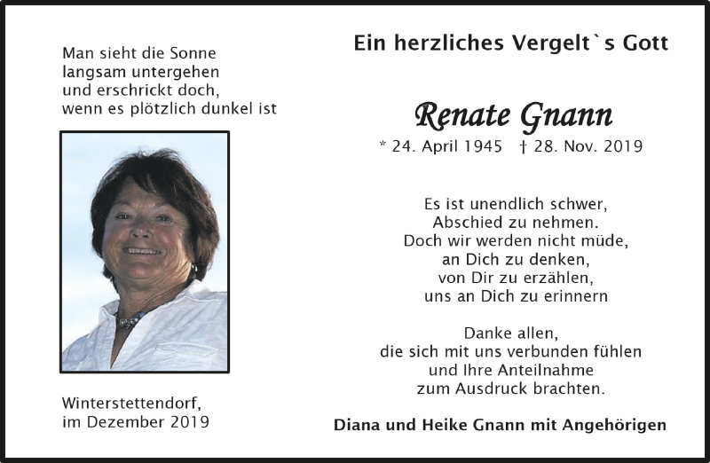 Traueranzeigen von Renate Gnann | schwaebische.de Trauerportal