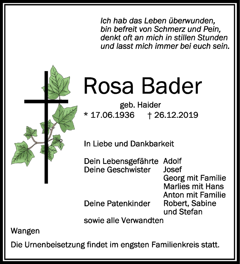  Traueranzeige für Rosa Bader vom 31.12.2019 aus Schwäbische Zeitung