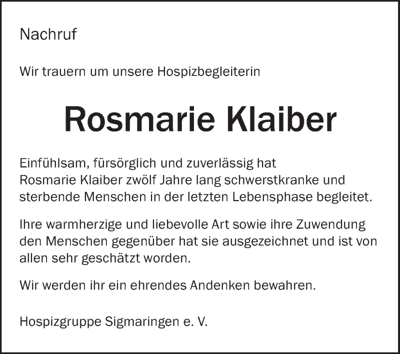 Traueranzeige für Rosmarie Klaiber vom 07.12.2019 aus Schwäbische Zeitung