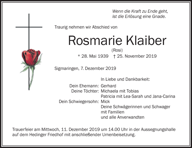  Traueranzeige für Rosmarie Klaiber vom 07.12.2019 aus Schwäbische Zeitung