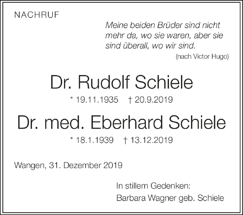  Traueranzeige für Rudolf und Eberhard Schiele vom 31.12.2019 aus Schwäbische Zeitung
