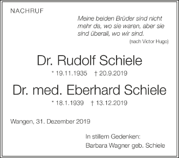 Anzeige von Rudolf und Eberhard Schiele von Schwäbische Zeitung