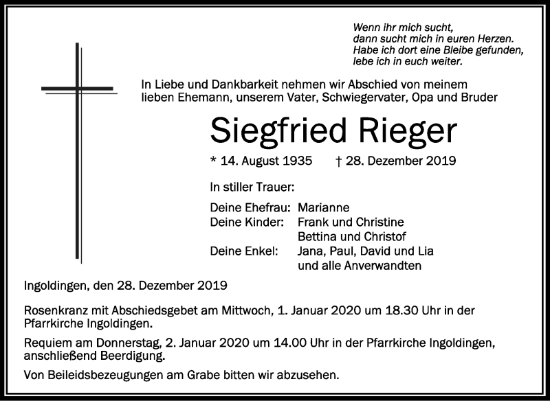  Traueranzeige für Siegfried Rieger vom 31.12.2019 aus Schwäbische Zeitung