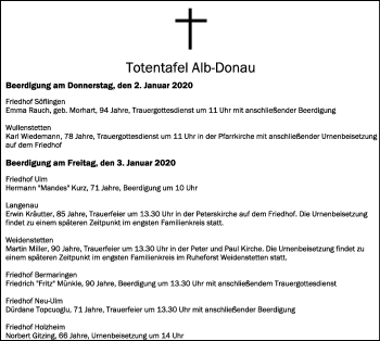 Anzeige von Totentafel vom 31.12.2019 von Schwäbische Zeitung