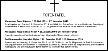 Anzeige von Totentafel vom 31.12.2019 von Schwäbische Zeitung