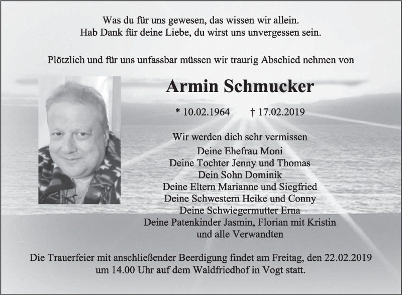  Traueranzeige für Armin Schmucker vom 20.02.2019 aus Schwäbische Zeitung