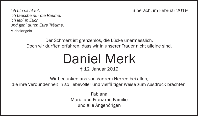  Traueranzeige für Daniel Merk vom 02.02.2019 aus Schwäbische Zeitung
