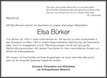 Anzeige von Elsa Bürker von Schwäbische Zeitung