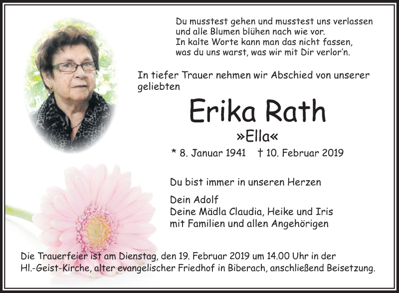  Traueranzeige für Erika Rath vom 16.02.2019 aus Schwäbische Zeitung