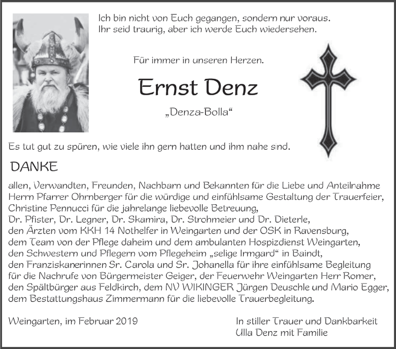  Traueranzeige für Ernst Denz vom 02.02.2019 aus Schwäbische Zeitung