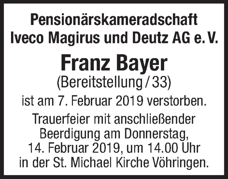  Traueranzeige für Franz Bayer vom 26.12.2018 aus Schwäbische Zeitung