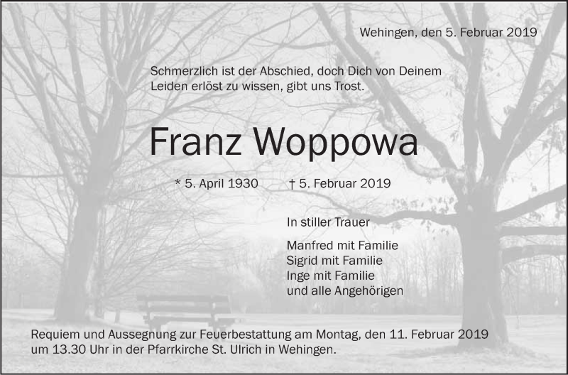  Traueranzeige für Franz Woppowa vom 08.02.2019 aus Schwäbische Zeitung