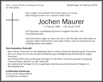Anzeige von Jochen Maurer von Schwäbische Zeitung
