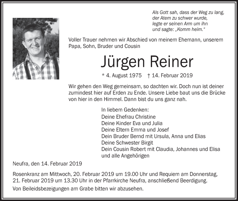  Traueranzeige für Jürgen Reiner vom 19.02.2019 aus Schwäbische Zeitung