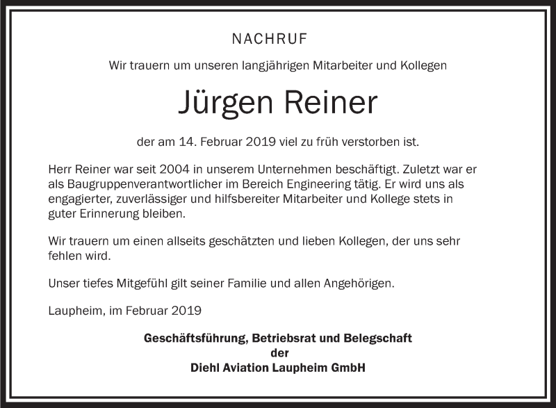  Traueranzeige für Jürgen Reiner vom 27.02.2019 aus Schwäbische Zeitung