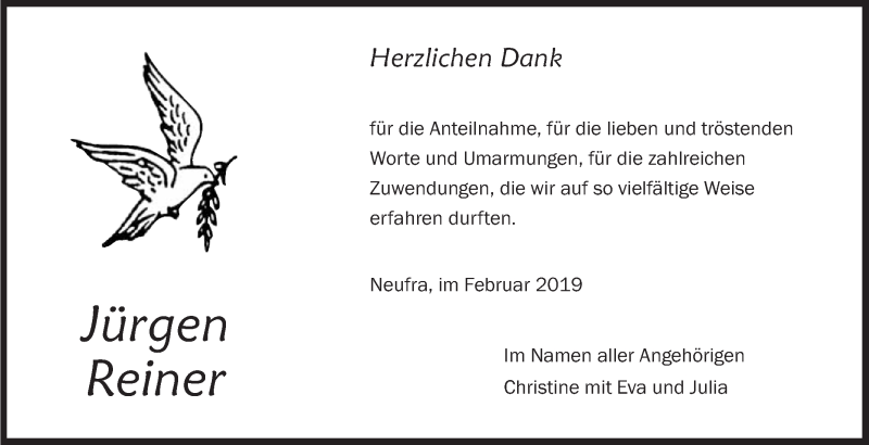  Traueranzeige für Jürgen Reiner vom 27.02.2019 aus Schwäbische Zeitung