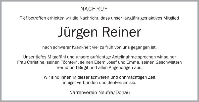  Traueranzeige für Jürgen Reiner vom 20.02.2019 aus Schwäbische Zeitung