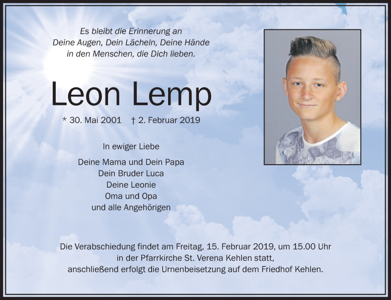  Traueranzeige für Leon Lemp vom 09.02.2019 aus Schwäbische Zeitung