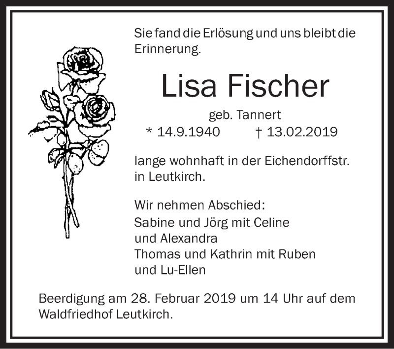  Traueranzeige für Lisa Fischer vom 23.02.2019 aus Schwäbische Zeitung