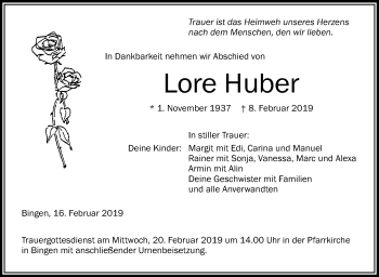 Anzeige von Lore Huber von Schwäbische Zeitung