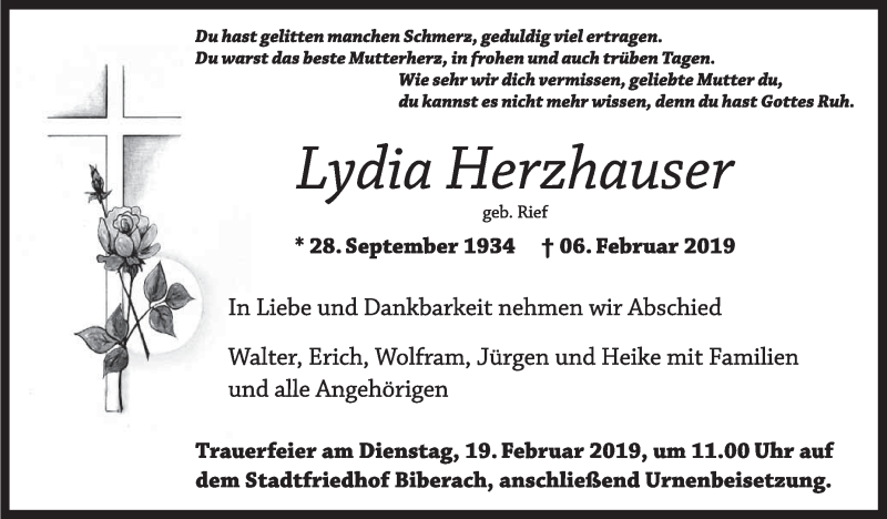  Traueranzeige für Lydia Herzhauser vom 16.02.2019 aus Schwäbische Zeitung