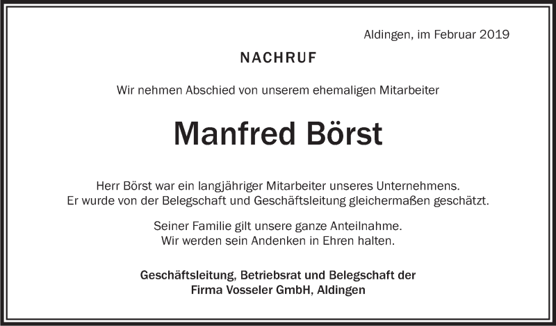  Traueranzeige für Manfred Börst vom 06.02.2019 aus Schwäbische Zeitung
