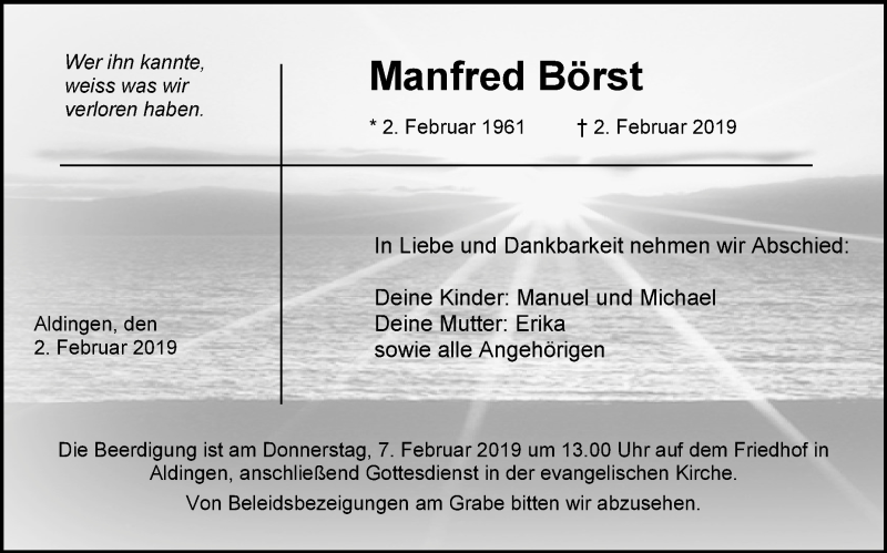  Traueranzeige für Manfred Börst vom 05.02.2019 aus Schwäbische Zeitung
