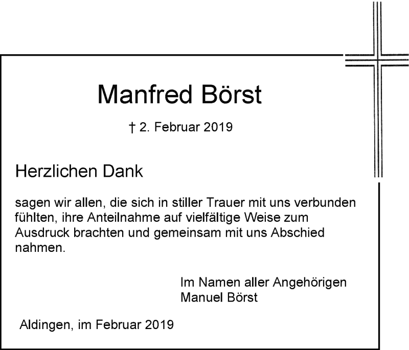  Traueranzeige für Manfred Börst vom 16.02.2019 aus Schwäbische Zeitung