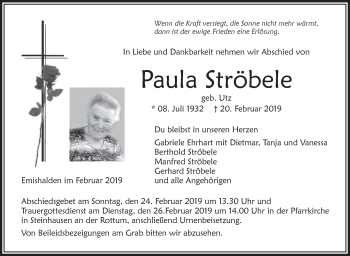 Anzeige von Paula Ströbele von Schwäbische Zeitung