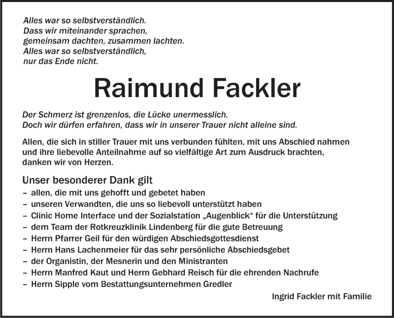  Traueranzeige für Raimund Fackler vom 09.02.2019 aus Schwäbische Zeitung