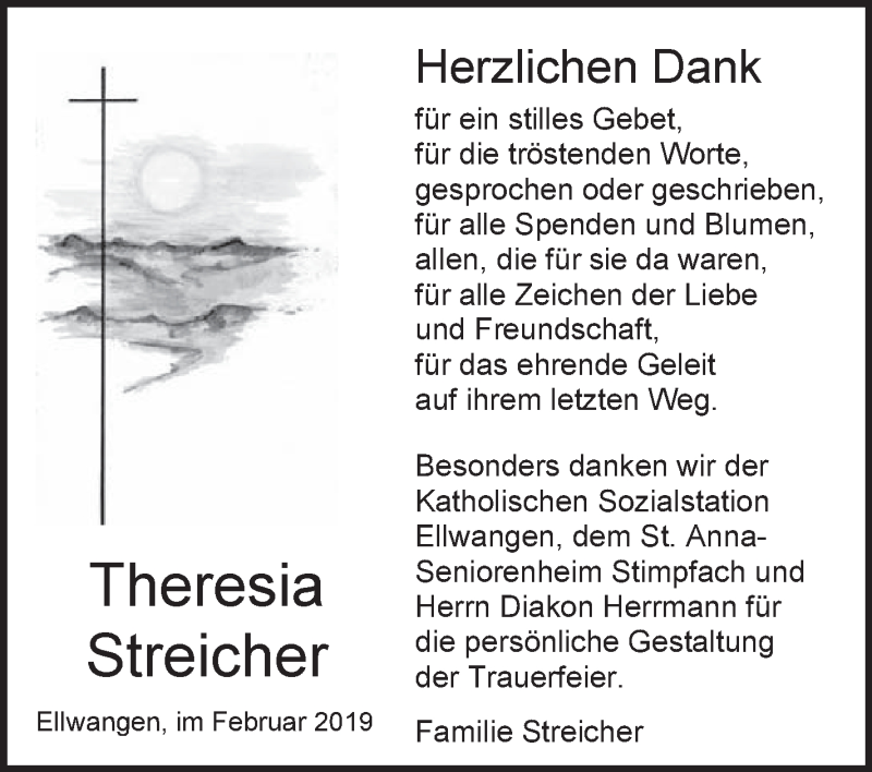  Traueranzeige für Theresia Streicher vom 02.02.2019 aus Schwäbische Zeitung