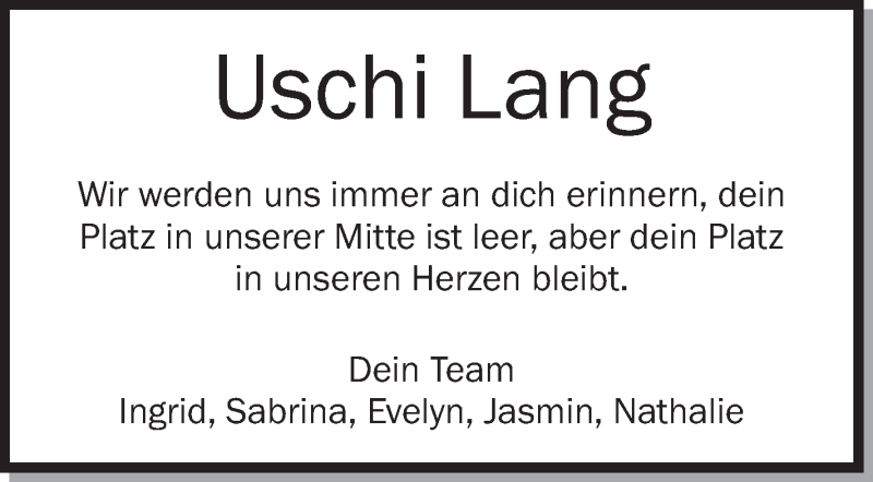  Traueranzeige für Uschi Lang vom 26.12.2018 aus Schwäbische Zeitung