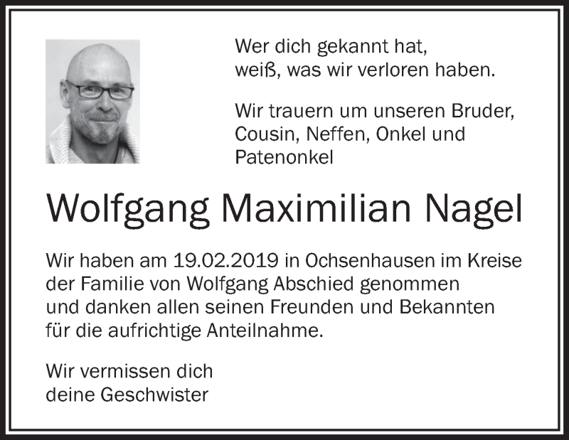  Traueranzeige für Wolfgang Maximilian Nagel vom 20.02.2019 aus Schwäbische Zeitung
