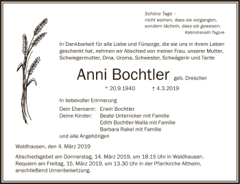 Anzeige von Anni Bochtler von Schwäbische Zeitung