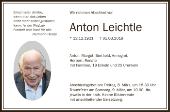 Anzeige von Anton Leichtle von Schwäbische Zeitung