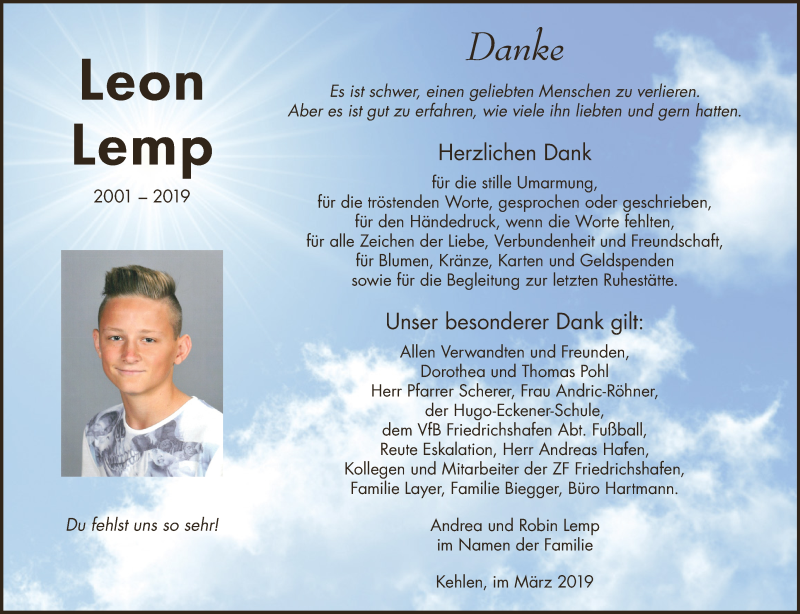  Traueranzeige für Leon Lemp vom 16.03.2019 aus Schwäbische Zeitung