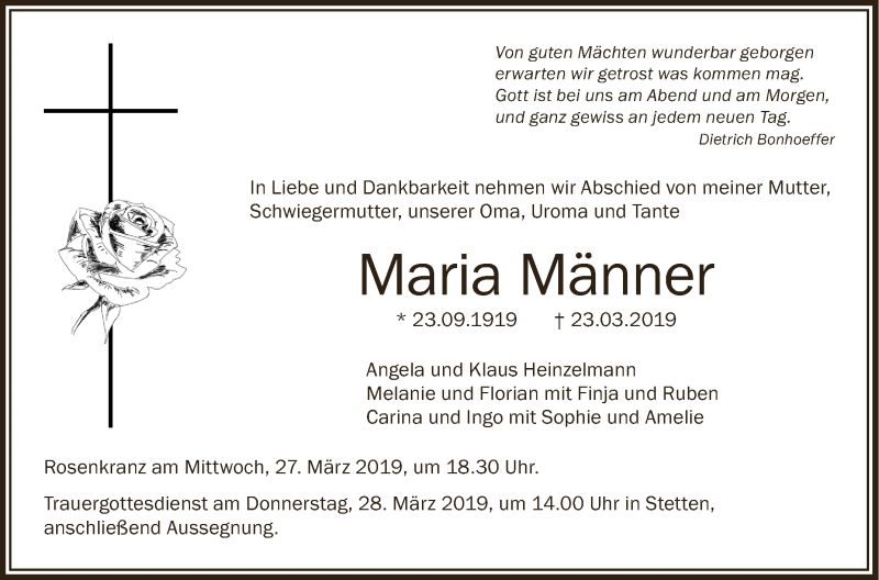 Traueranzeigen von Maria Männer | schwaebische.de Trauerportal