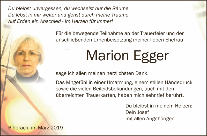  Traueranzeige für Marion Egger vom 30.03.2019 aus Schwäbische Zeitung