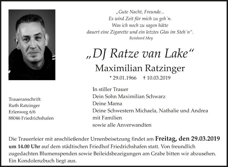  Traueranzeige für Maximilian Ratzinger vom 16.03.2019 aus Schwäbische Zeitung