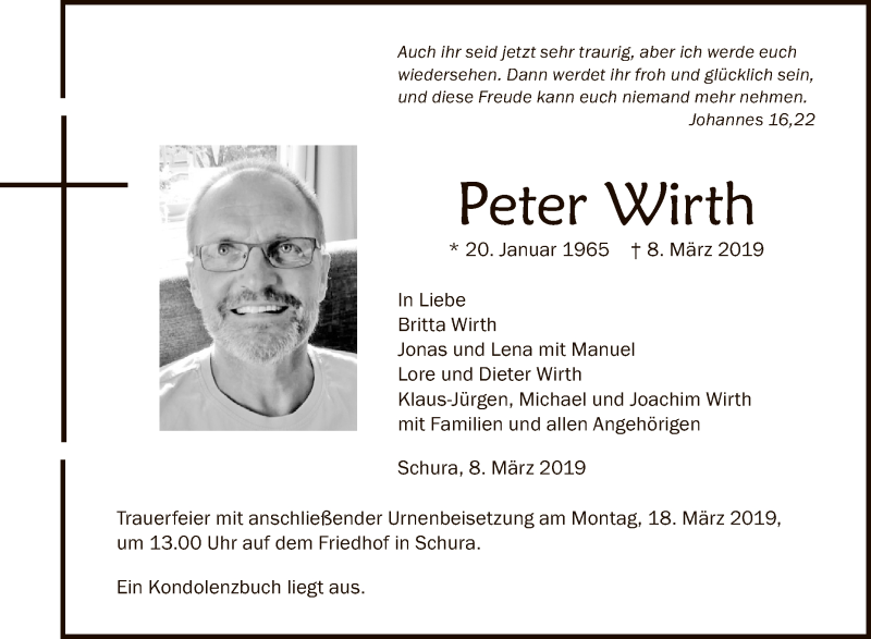  Traueranzeige für Peter Wirth vom 14.03.2019 aus Schwäbische Zeitung