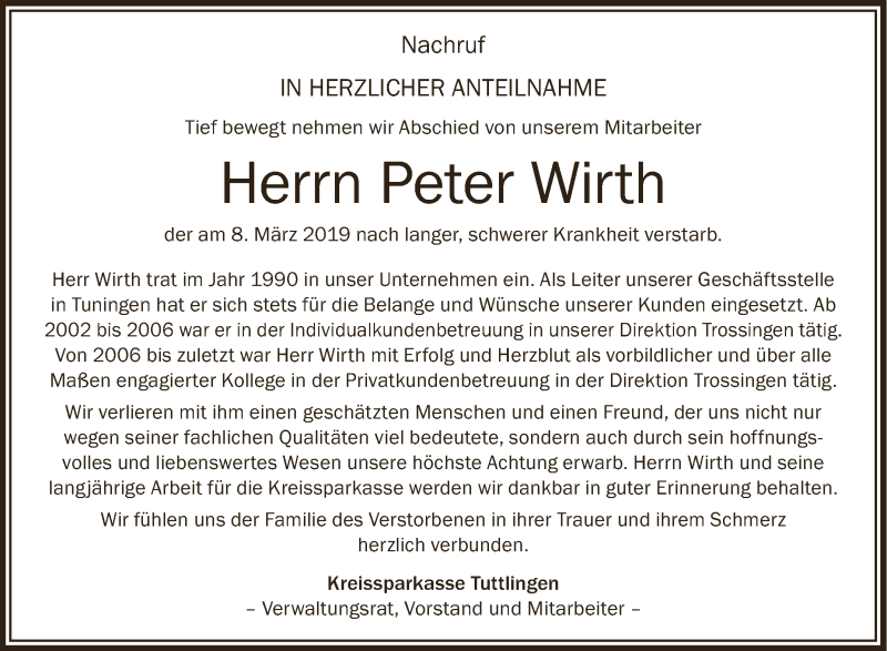  Traueranzeige für Peter Wirth vom 15.03.2019 aus Schwäbische Zeitung