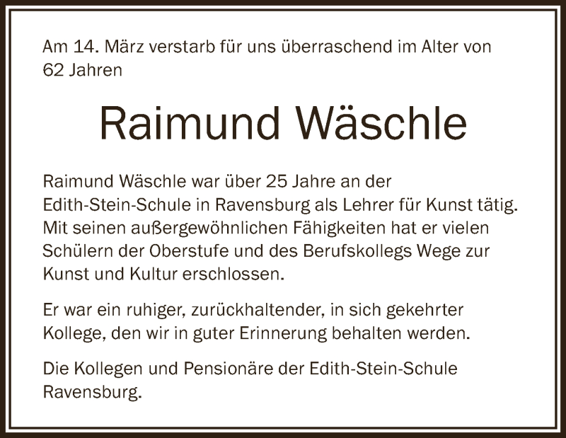  Traueranzeige für Raimund Wäschle vom 23.03.2019 aus Schwäbische Zeitung