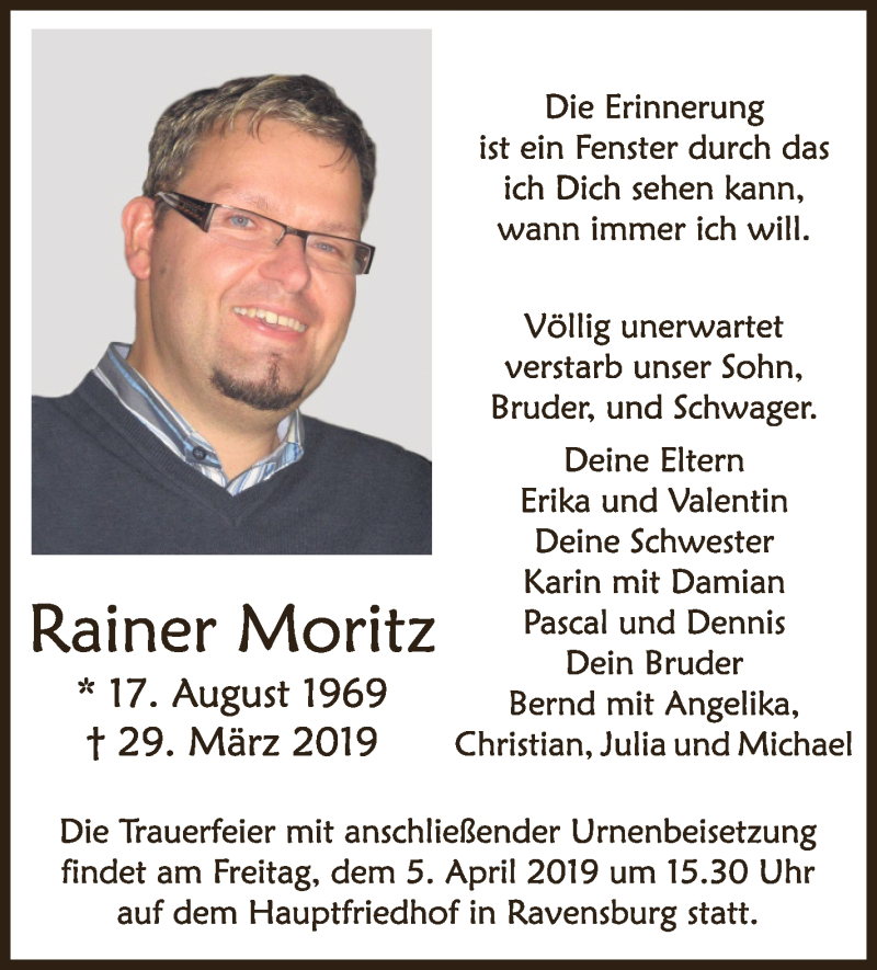  Traueranzeige für Rainer Moritz vom 30.03.2019 aus Schwäbische Zeitung