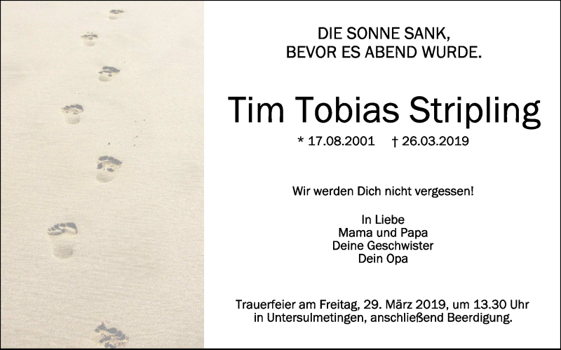  Traueranzeige für Tim Tobias Stripling vom 28.03.2019 aus Schwäbische Zeitung